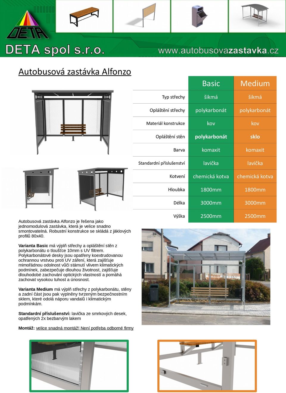 Robustní konstrukce se skládá z jäklových profilů 80x40. 2500mm 2500mm Varianta Basic má výplň střechy a opláštění stěn z polykarbonátu o tloušťce 10mm s UV filtrem.