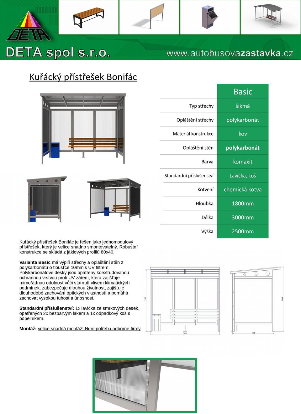 Varianta Basic má výplň střechy a opláštění stěn z polykarbonátu o tloušťce 10mm s UV filtrem.