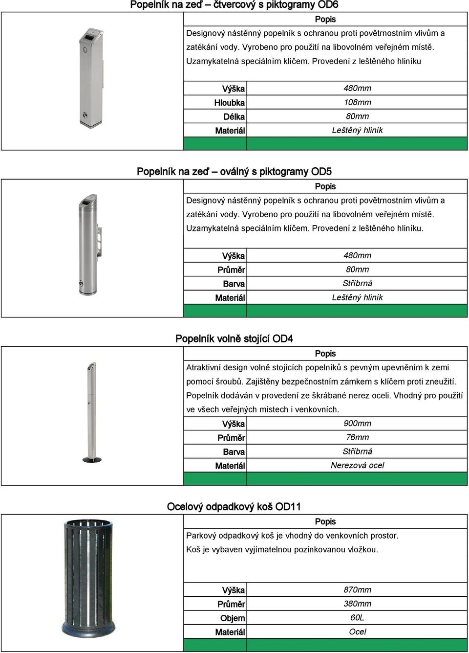 Provedení z leštěného hliníku 480mm 108mm 80mm Leštěný hliník Popelník na zeď oválný s piktogramy OD5 Designový nástěnný popelník s ochranou proti povětrnostním vlivům a zatékání vody.