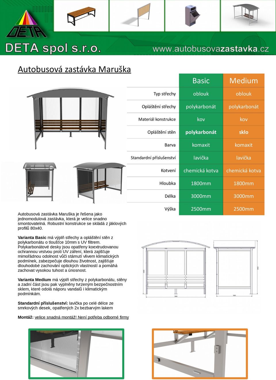 Robustní konstrukce se skládá z jäklových profilů 80x40. 2500mm 2500mm Varianta Basic má výplň střechy a opláštění stěn z polykarbonátu o tloušťce 10mm s UV filtrem.