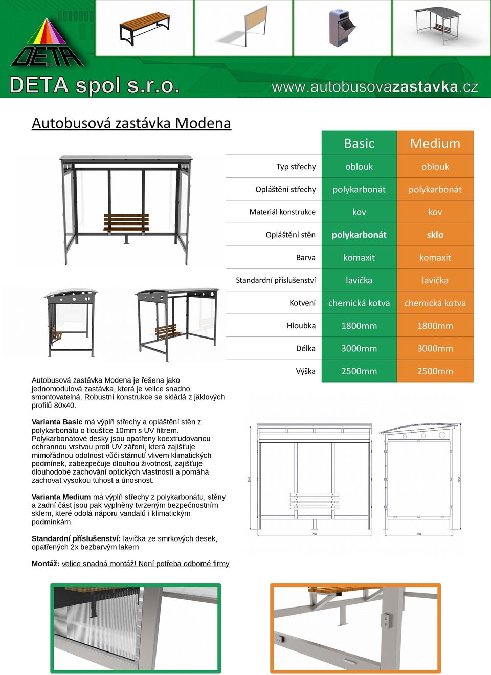 Robustní konstrukce se skládá z jäklových profilů 80x40. 2500mm 2500mm Varianta Basic má výplň střechy a opláštění stěn z polykarbonátu o tloušťce 10mm s UV filtrem.