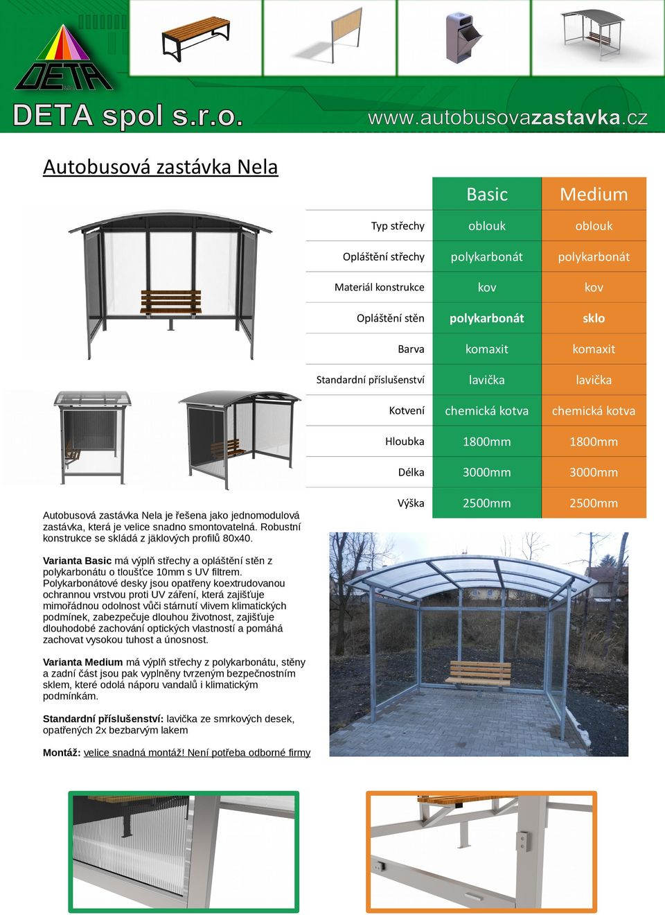 Robustní konstrukce se skládá z jäklových profilů 80x40. 2500mm 2500mm Varianta Basic má výplň střechy a opláštění stěn z polykarbonátu o tloušťce 10mm s UV filtrem.