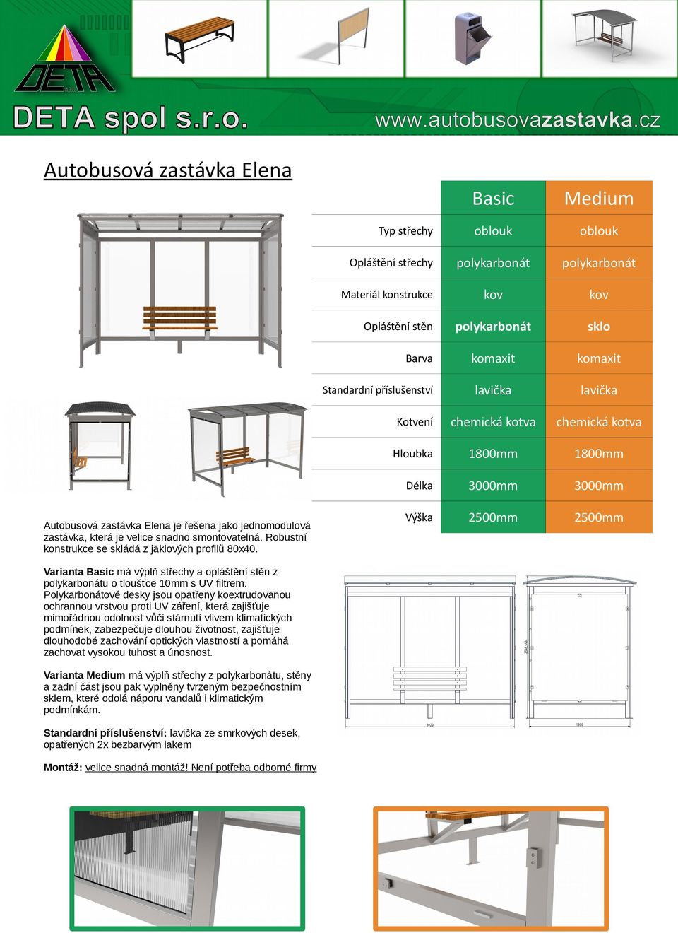 Robustní konstrukce se skládá z jäklových profilů 80x40. 2500mm 2500mm Varianta Basic má výplň střechy a opláštění stěn z polykarbonátu o tloušťce 10mm s UV filtrem.