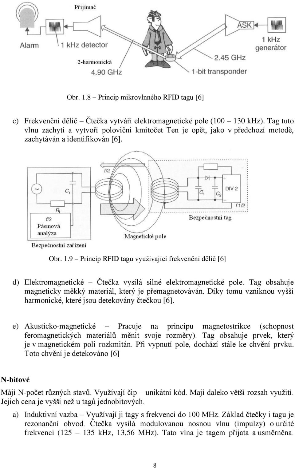 9 Princip RFID tagu využívající frekvenční dělič [6] d) Elektromagnetické Čtečka vysílá silné elektromagnetické pole. Tag obsahuje magneticky měkký materiál, který je přemagnetováván.