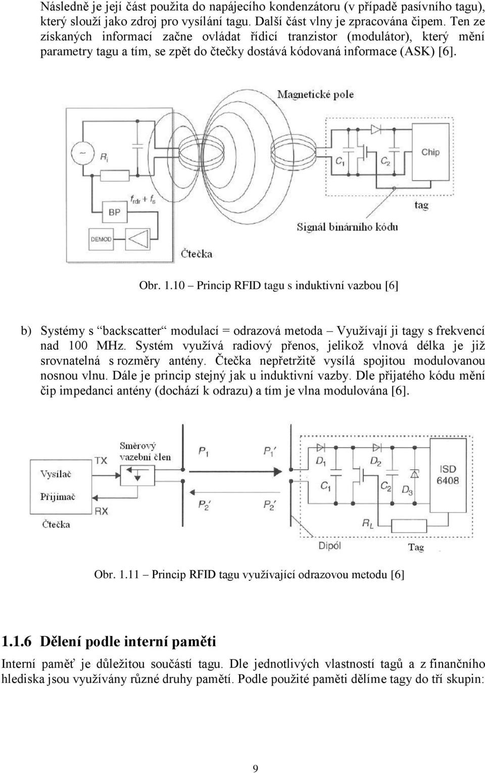 10 Princip RFID tagu s induktivní vazbou [6] b) Systémy s backscatter modulací = odrazová metoda Využívají ji tagy s frekvencí nad 100 MHz.