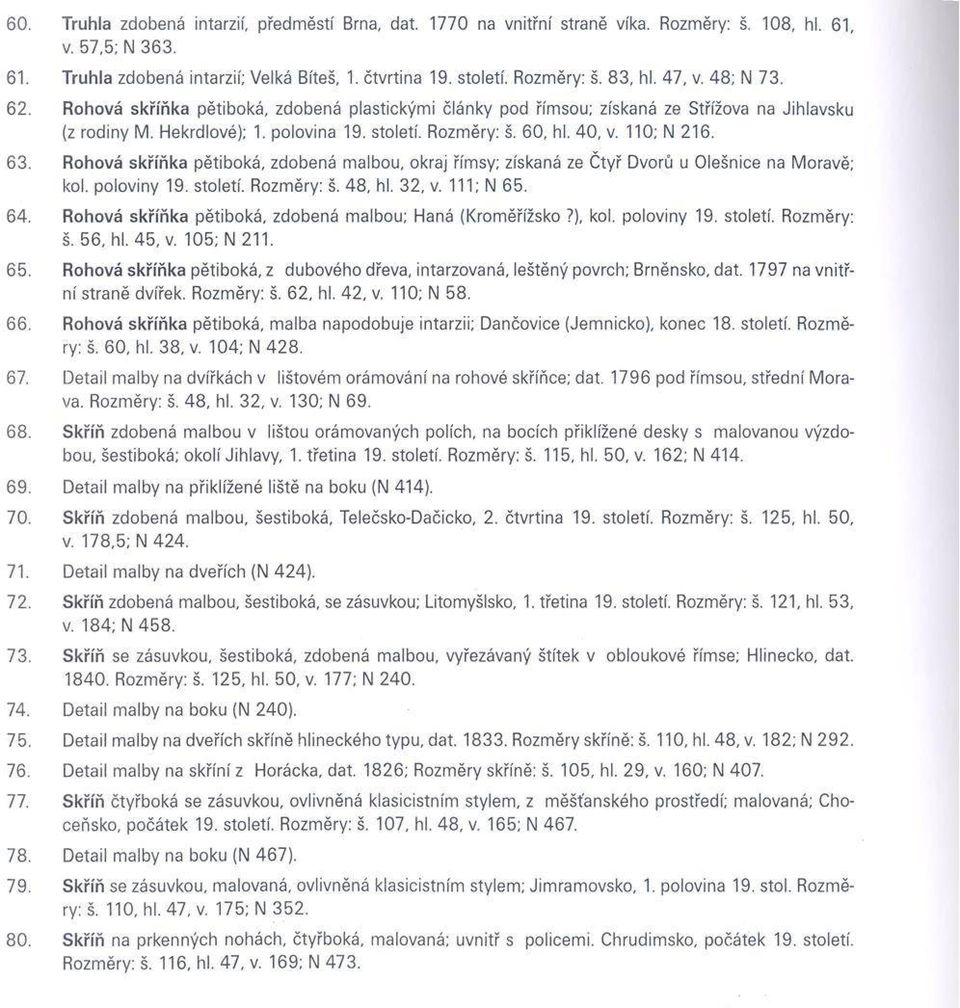 110; N 216. 63. Rohová skříňka pětiboká, zdobená malbou, okraj římsy; získaná ze Čtyř Dvorů u Olešnice na Moravě; kol. poloviny 19. století. Rozměry: š. 48, hl. 32, v. 111; N 65. 64.