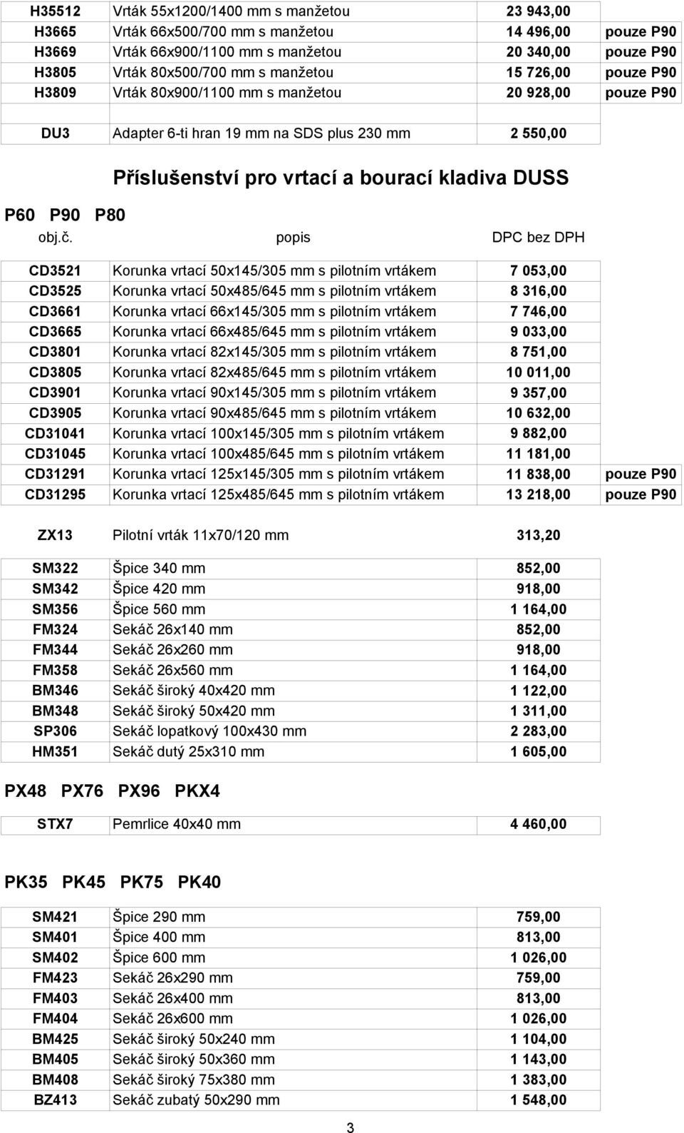 P80 CD3521 Korunka vrtací 50x145/305 mm s pilotním vrtákem 7 053,00 CD3525 Korunka vrtací 50x485/645 mm s pilotním vrtákem 8 316,00 CD3661 Korunka vrtací 66x145/305 mm s pilotním vrtákem 7 746,00