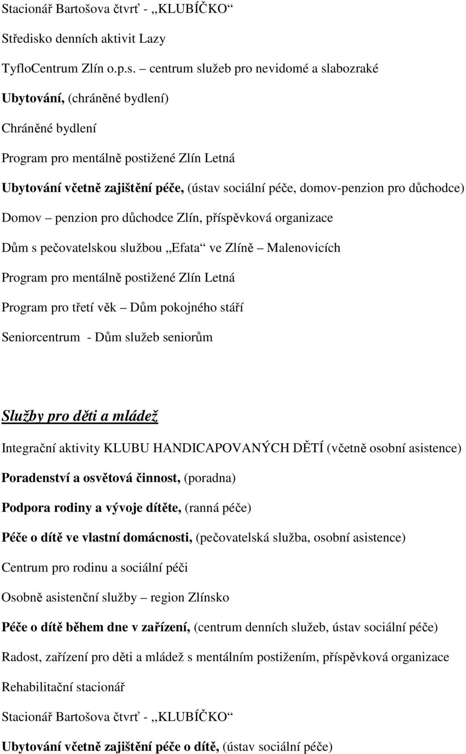 centrum služeb pro nevidomé a slabozraké Ubytování, (chráněné bydlení) Chráněné bydlení Program pro mentálně postižené Zlín Letná Ubytování včetně zajištění péče, (ústav sociální péče, domov-penzion