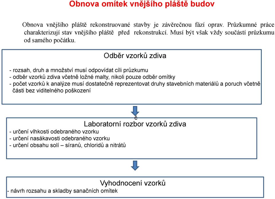 Odběr vzorků zdiva - rozsah, druh a množství musí odpovídat cíli průzkumu - odběr vzorků zdiva včetně ložné malty, nikoli pouze odběr omítky -počet vzorků k analýze musí