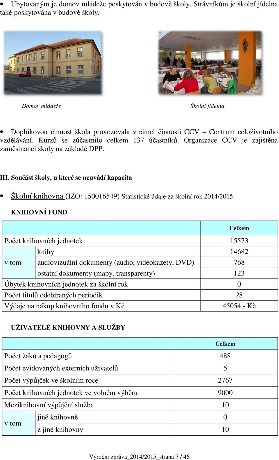 Organizace CCV je zajištěna zaměstnanci školy na základě DPP. III.