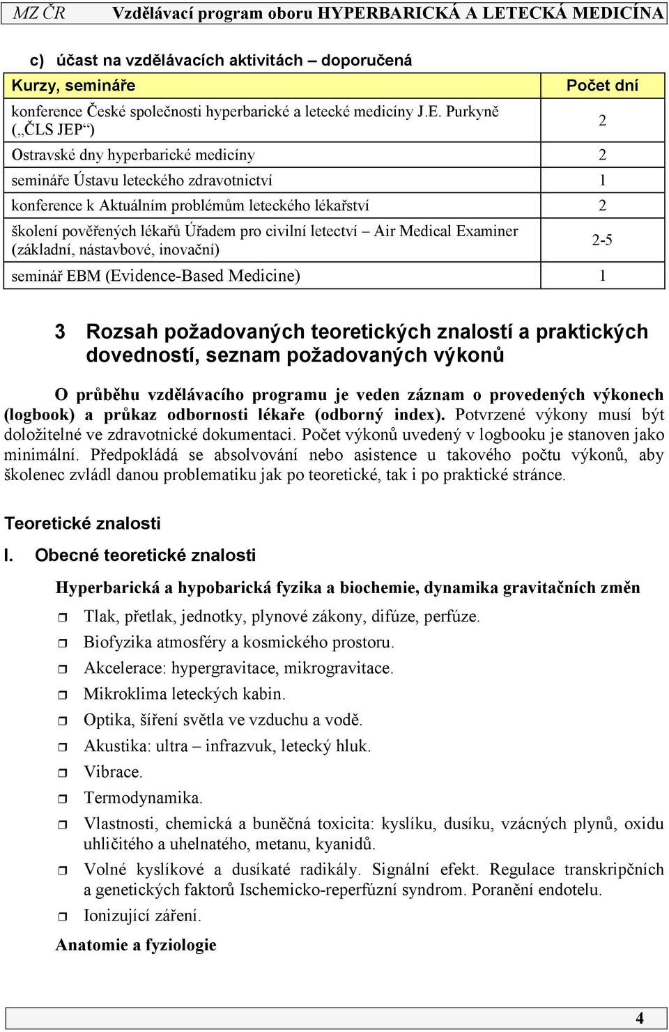 pro civilní letectví Air Medical Examiner (základní, nástavbové, inovační) seminář EBM (Evidence-Based Medicine) 1 2 2-5 3 Rozsah požadovaných teoretických znalostí a praktických dovedností, seznam