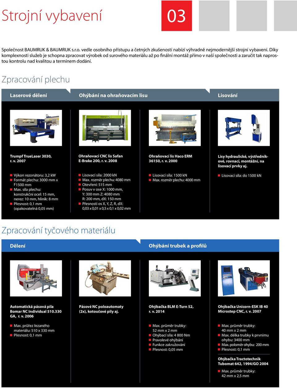 Zpracování plechu Laserové dělení Ohýbání na ohraňovacím lisu Lisování Trumpf TrueLaser 3030, r. v. 2007 Ohraňovací CNC lis Safan E-Brake 200, r. v. 2008 Ohraňovací lis Haco ERM 36150, r. v. 2000 Lisy hydraulické, výstředníkové, rovnací, montážní, na lisovací prvky aj.