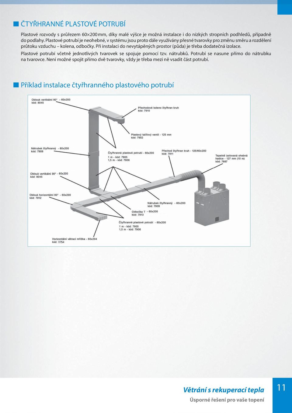 Při instalaci do nevytápěných prostor (půda) je třeba dodatečná izolace. Plastové potrubí včetně jednotlivých tvarovek se spojuje pomocí tzv. nátrubků.