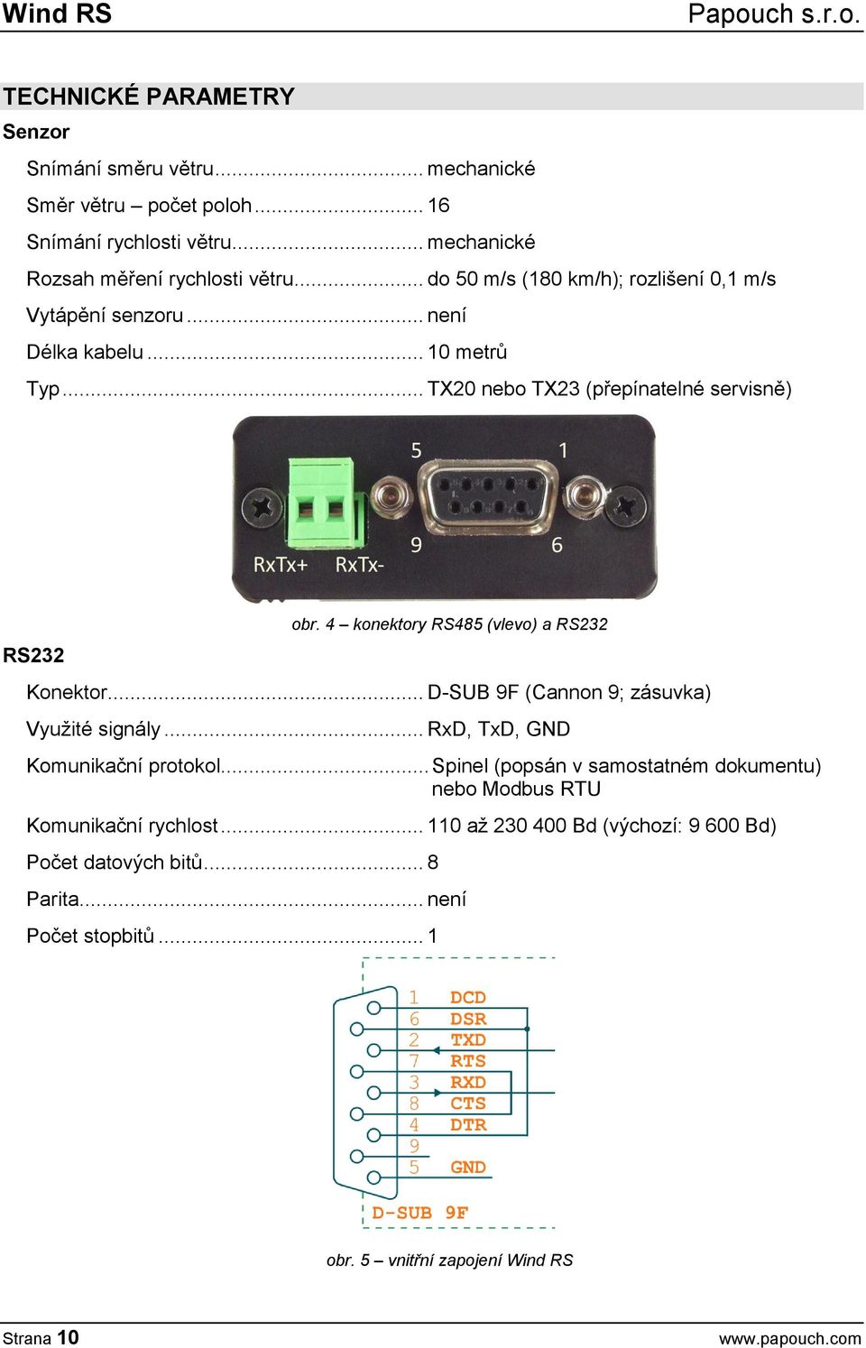 4 konektory RS485 (vlevo) a RS232 Konektor... D-SUB 9F (Cannon 9; zásuvka) Využité signály... RxD, TxD, GND Komunikační protokol.