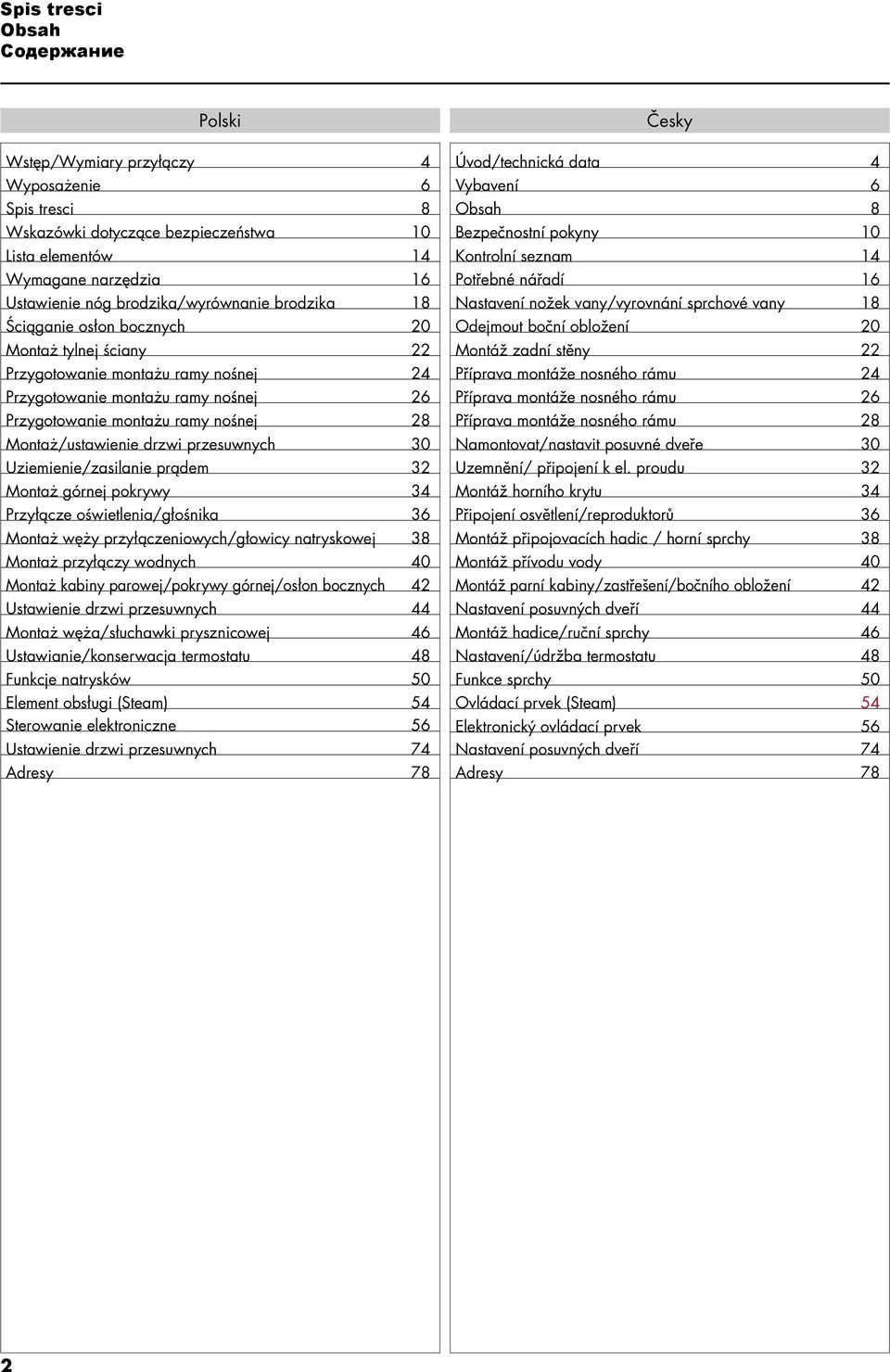 przesuwnych 30 Uziemienie/zasilanie prądem 32 Montaż górnej pokrywy 34 Przyłącze oświetlenia/głośnika 36 Montaż węży przyłączeniowych/głowicy natryskowej 38 Montaż przyłączy wodnych 40 Montaż kabiny