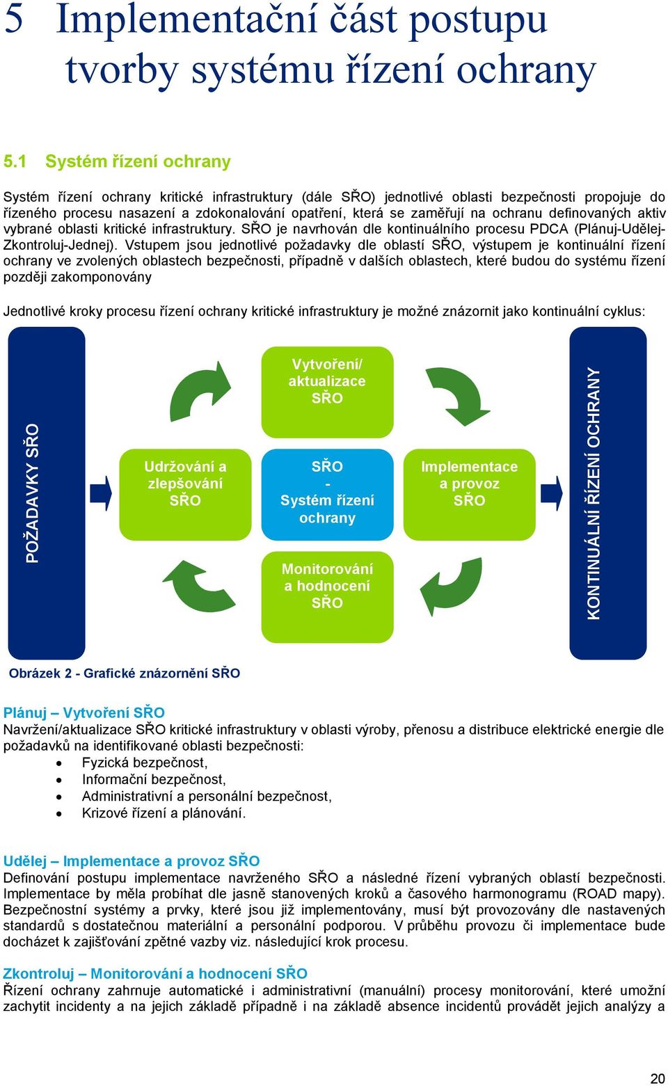 ochranu definovaných aktiv vybrané oblasti kritické infrastruktury. SŘO je navrhován dle kontinuálního procesu PDCA (Plánuj-Udělej- Zkontroluj-Jednej).