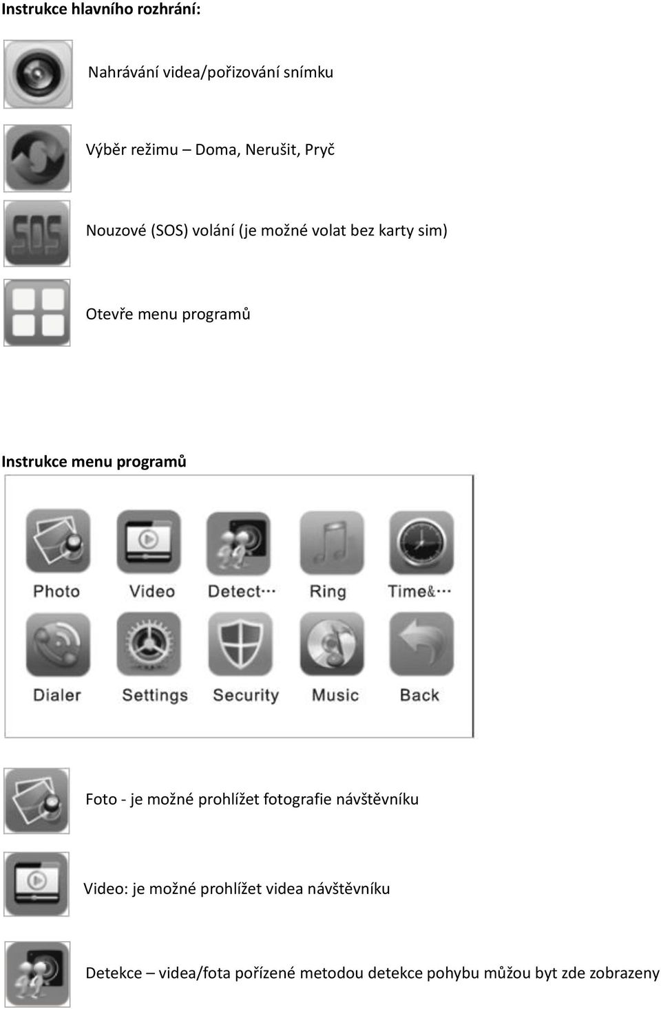 Instrukce menu programů Foto - je možné prohlížet fotografie návštěvníku Video: je možné