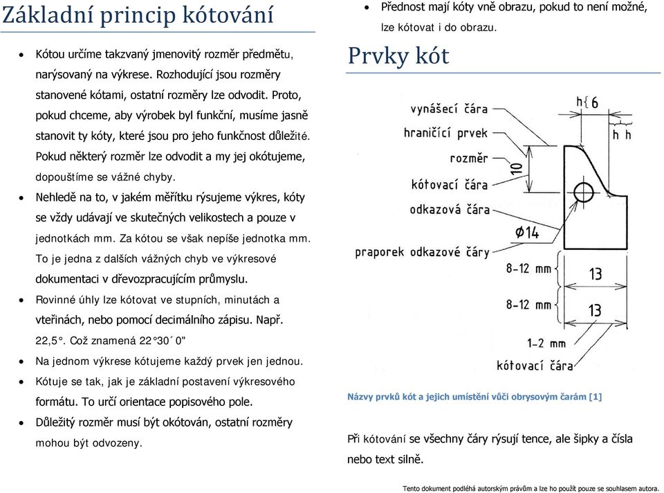 Pokud některý rozměr lze odvodit a my jej okótujeme, dopouštíme se vážné chyby. Nehledě na to, v jakém měřítku rýsujeme výkres, kóty se vždy udávají ve skutečných velikostech a pouze v jednotkách mm.