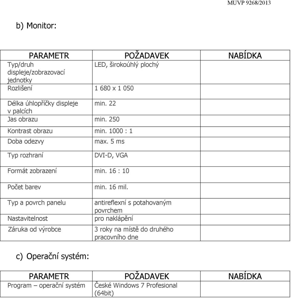 5 ms Typ rozhraní DVI-D, VGA Formát zobrazení min. 16 : 10 Počet barev Typ a povrch panelu Nastavitelnost Záruka od výrobce min. 16 mil.