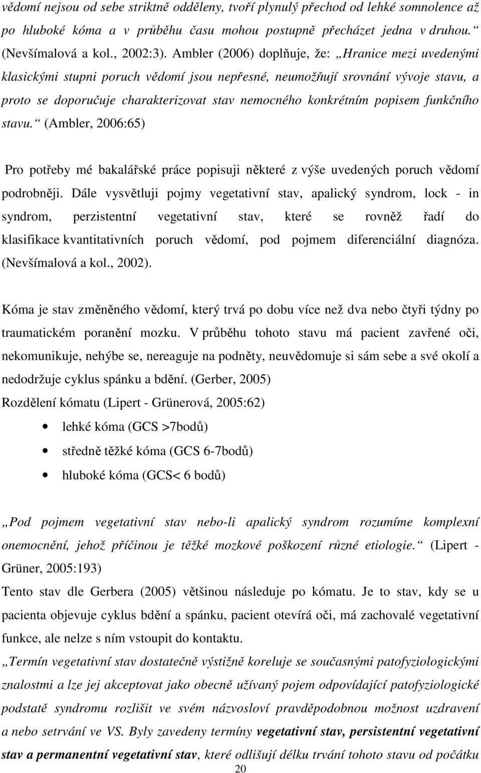 popisem funkčního stavu. (Ambler, 2006:65) Pro potřeby mé bakalářské práce popisuji některé z výše uvedených poruch vědomí podrobněji.