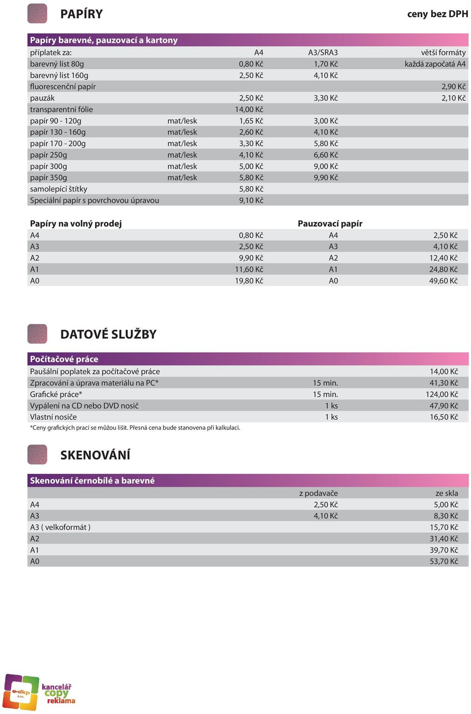 4,10 Kč 6,60 Kč papír 300g mat/lesk 5,00 Kč 9,00 Kč papír 350g mat/lesk 5,80 Kč 9,90 Kč samolepící štítky 5,80 Kč Speciální papír s povrchovou úpravou 9,10 Kč Papíry na volný prodej Pauzovací papír