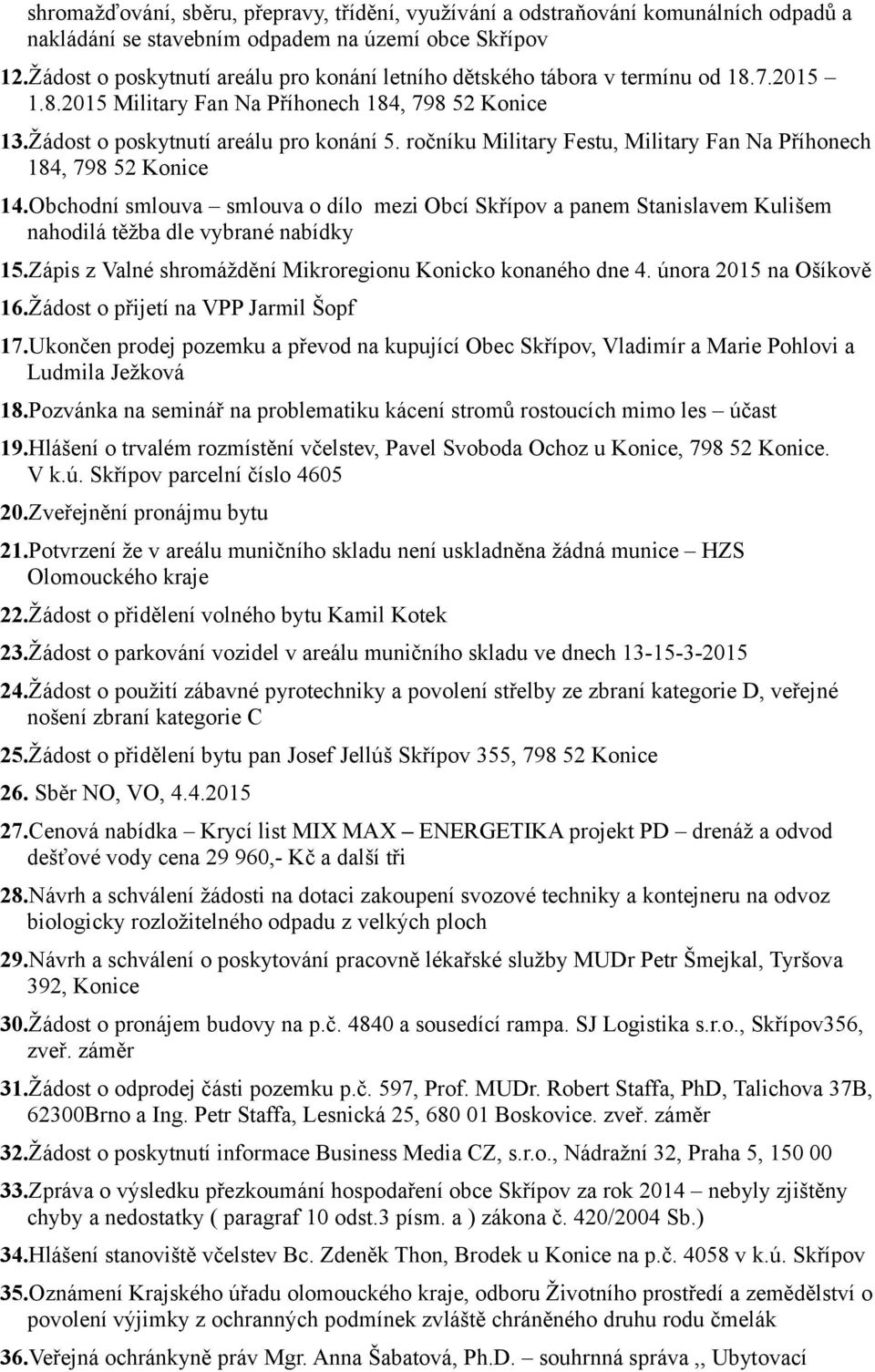 ročníku Military Festu, Military Fan Na Příhonech 184, 798 52 Konice 14.Obchodní smlouva smlouva o dílo mezi Obcí Skřípov a panem Stanislavem Kulišem nahodilá těžba dle vybrané nabídky 15.
