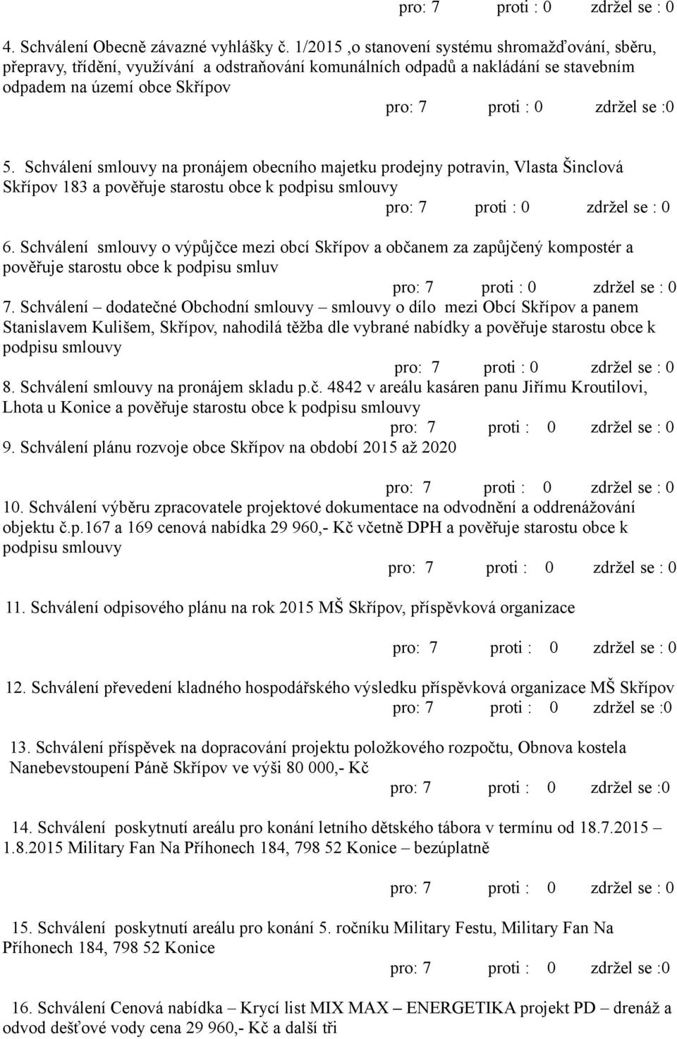 Schválení smlouvy na pronájem obecního majetku prodejny potravin, Vlasta Šinclová Skřípov 183 a pověřuje starostu obce k podpisu smlouvy 6.