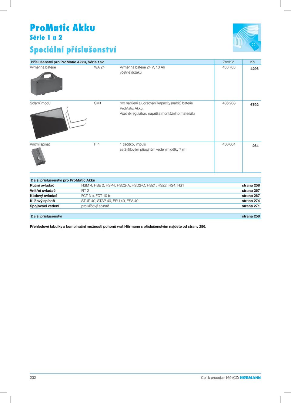 montážního materiálu 6792 Vnitřní spinač IT 1 1 tlačítko, impuls 436 084 se 2-žilovým přípojným vedením délky 7 m 264 Další příslušenství pro ProMatic Akku Ruční ovladač HSM 4, HSE 2, HSP4, HSD2-A,