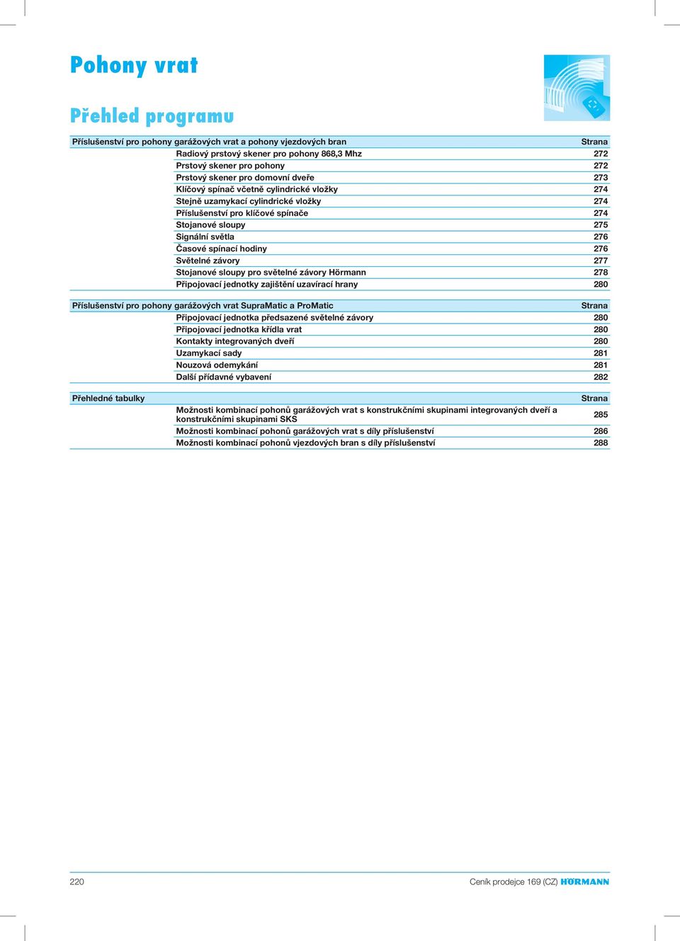 hodiny 276 Světelné závory 277 Stojanové sloupy pro světelné závory Hörmann 278 Připojovací jednotky zajištění uzavírací hrany 280 Příslušenství pro pohony garážových vrat SupraMatic a ProMatic