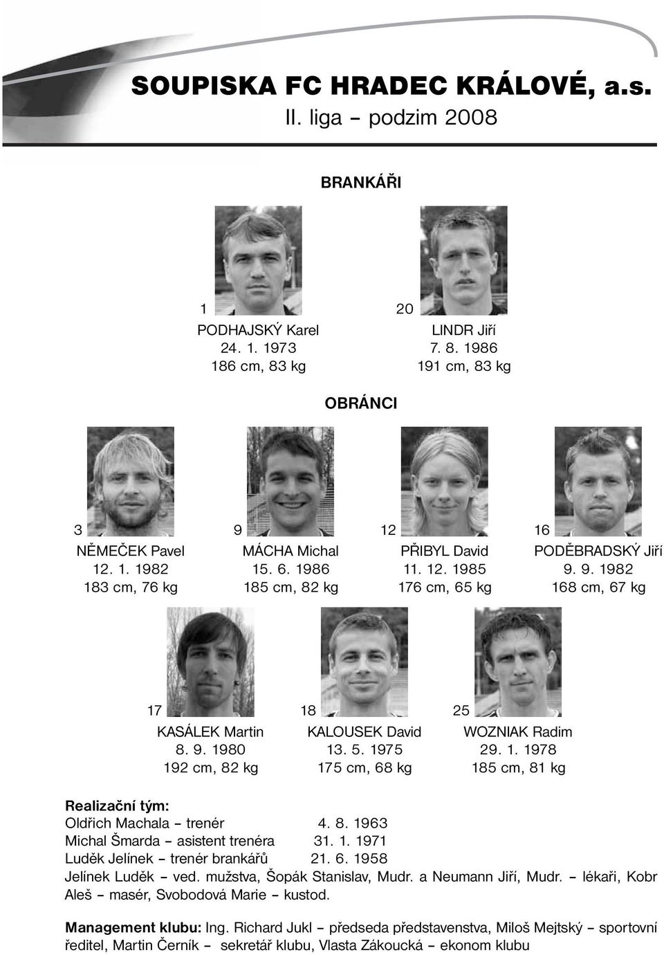 1975 175 cm, 68 kg 25 WOZNIAK Radim 29. 1. 1978 185 cm, 81 kg Realizační tým: Oldřich Machala trenér 4. 8. 1963 Michal Šmarda asistent trenéra 31. 1. 1971 Luděk Jelínek trenér brankářů 21. 6. 1958 Jelínek Luděk ved.