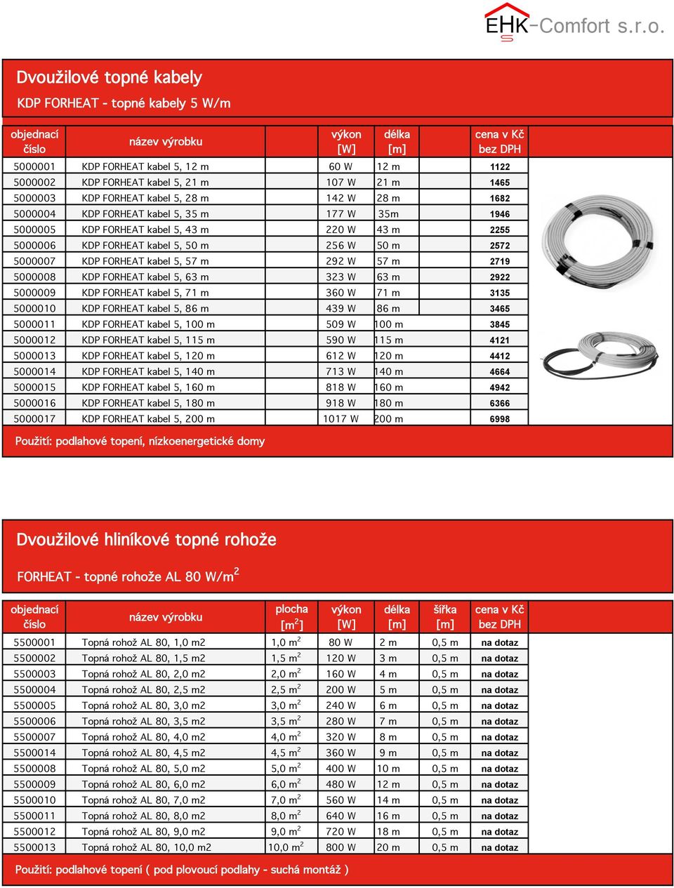 m 2719 5000008 KDP FORHEAT kabel 5, 63 m 323 W 63 m 2922 5000009 KDP FORHEAT kabel 5, 71 m 360 W 71 m 3135 5000010 KDP FORHEAT kabel 5, 86 m 439 W 86 m 3465 5000011 KDP FORHEAT kabel 5, 100 m 509 W