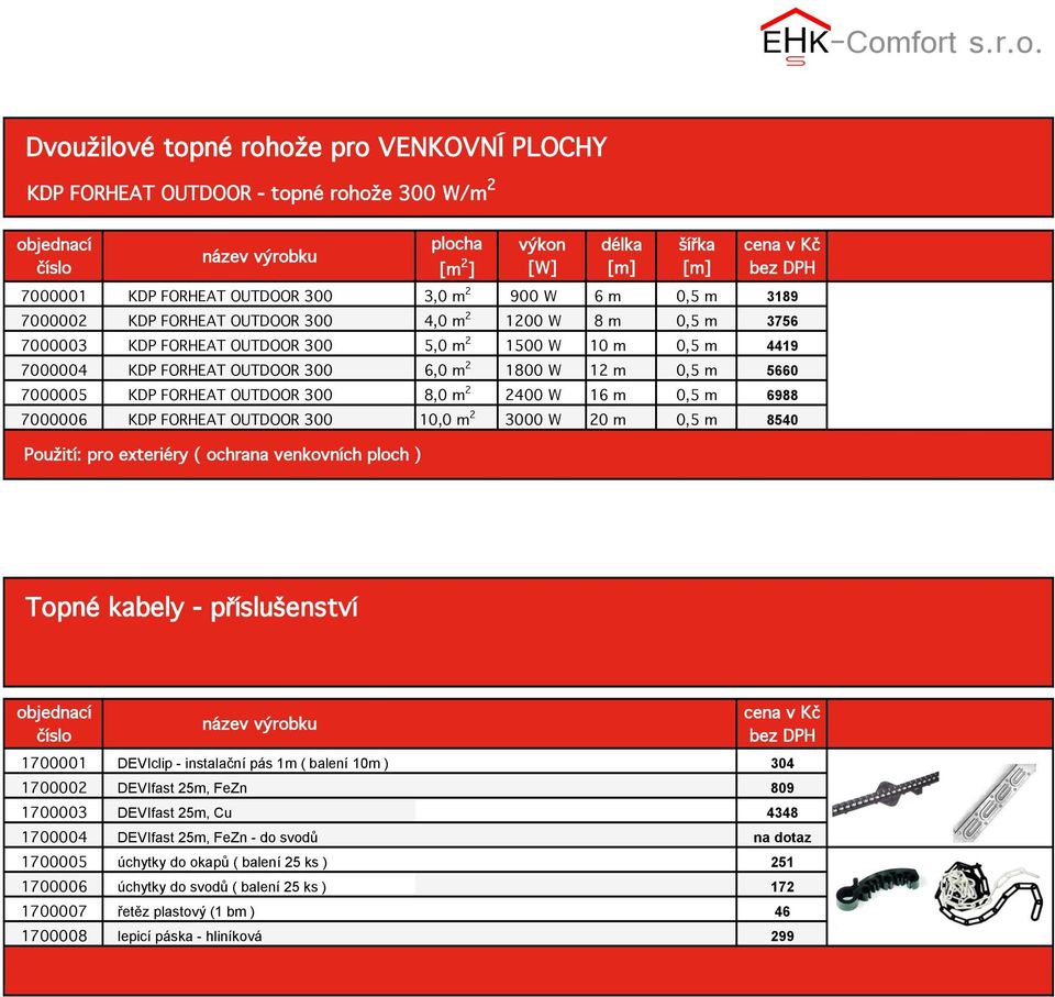 6988 7000006 KDP FORHEAT OUTDOOR 300 10,0 m 2 3000 W 20 m 0,5 m 8540 Použití: pro exteriéry ( ochrana venkovních ploch ) plocha [m 2 ] šířka Topné kabely - příslušenství 1700001 DEVIclip - instalační