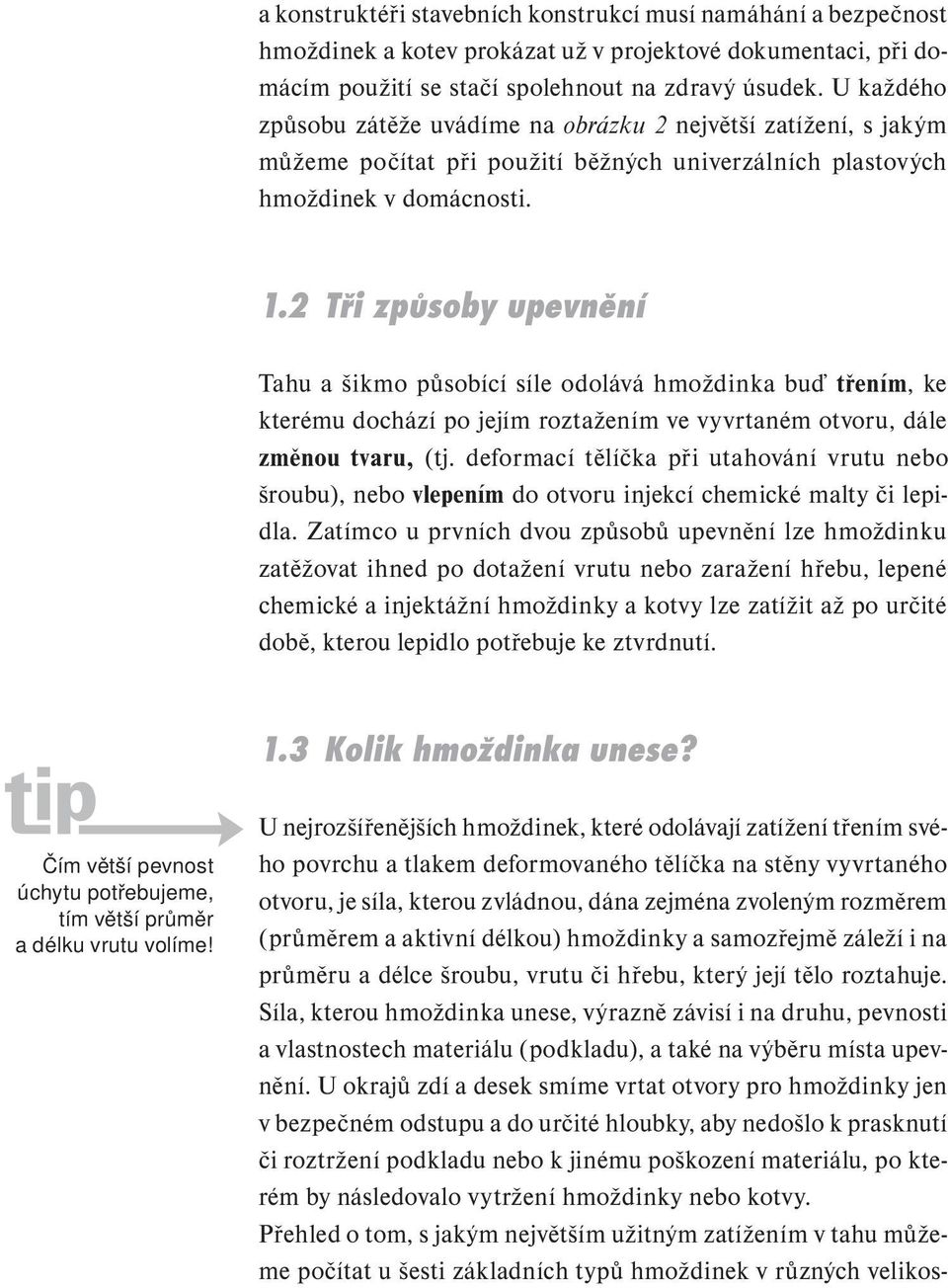 2 Tři způsoby upevnění Tahu a šikmo působící síle odolává hmoždinka buď třením, ke kterému dochází po jejím roztažením ve vyvrtaném otvoru, dále změnou tvaru, (tj.