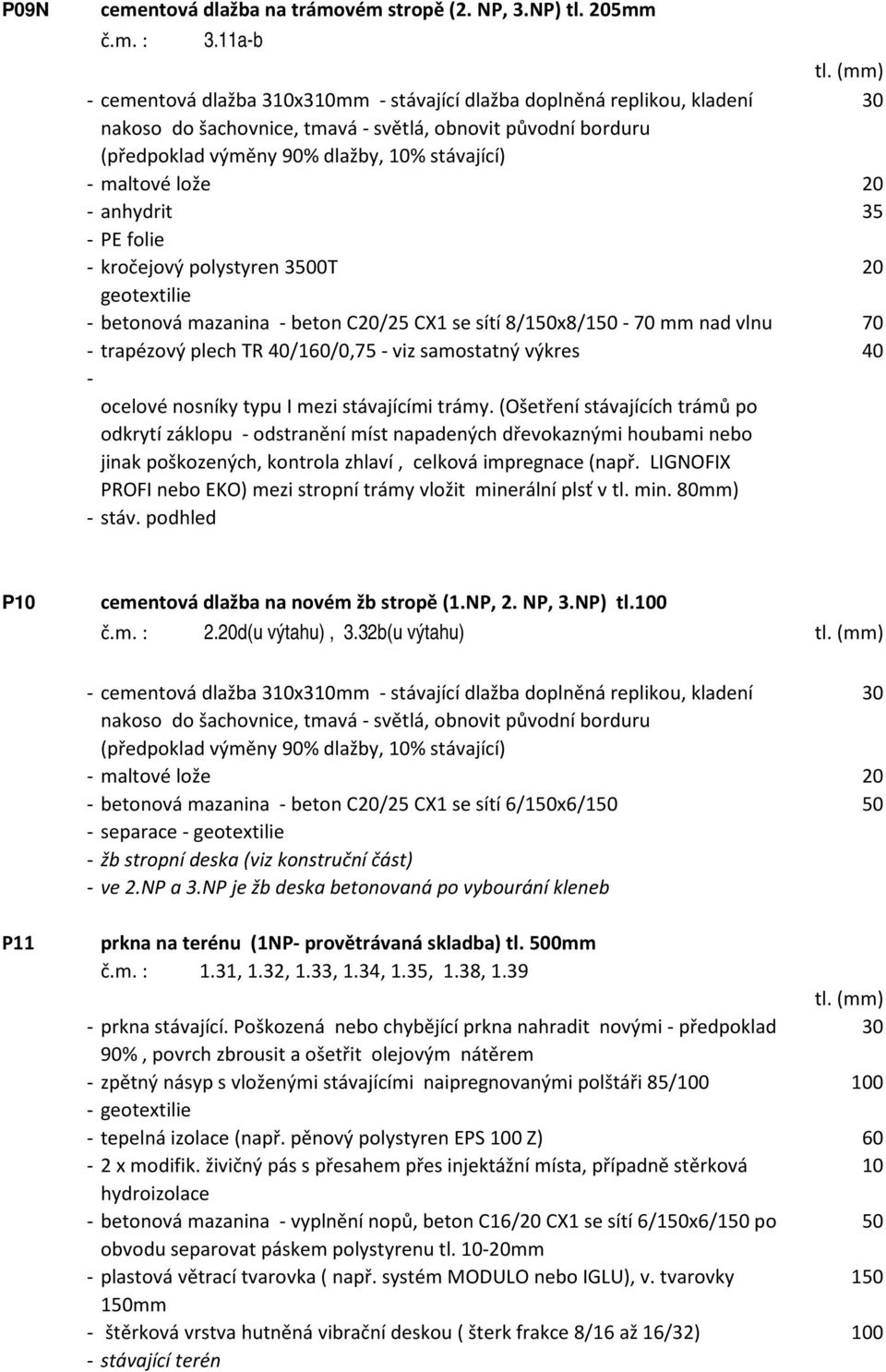 anhydrit 35 PE folie kročejový polystyren 3500T 20 geotextilie betonová mazanina beton C20/25 CX1 se sítí 8/x8/ 70 mm nad vlnu 70 trapézový plech TR 40/160/0,75 viz samostatný výkres 40 ocelové