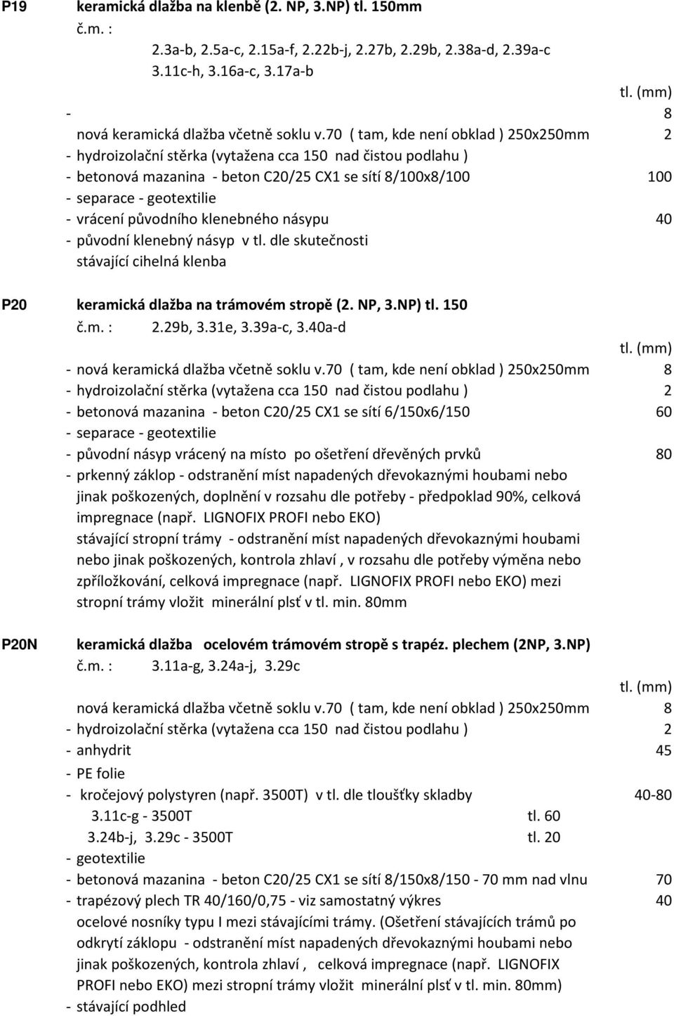 násypu 40 původní klenebný násyp v tl. dle skutečnosti P20 keramická dlažba na trámovém stropě (2. NP, 3.NP) tl. č.m. : 2.29b, 3.31e, 3.39ac, 3.40ad nová keramická dlažba včetně soklu v.