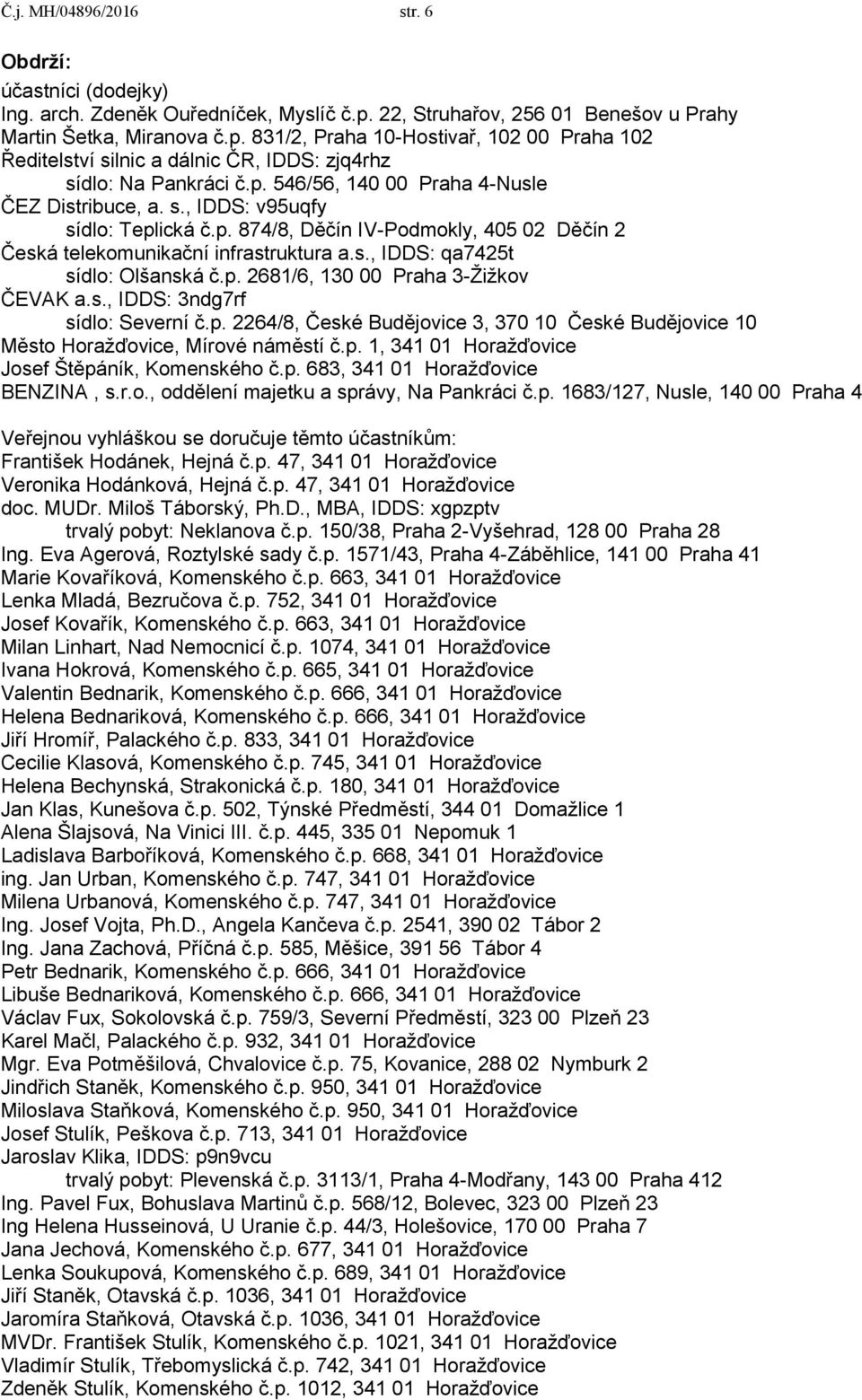 s., IDDS: v95uqfy sídlo: Teplická č.p. 874/8, Děčín IV-Podmokly, 405 02 Děčín 2 Česká telekomunikační infrastruktura a.s., IDDS: qa7425t sídlo: Olšanská č.p. 2681/6, 130 00 Praha 3-Žižkov ČEVAK a.s., IDDS: 3ndg7rf sídlo: Severní č.