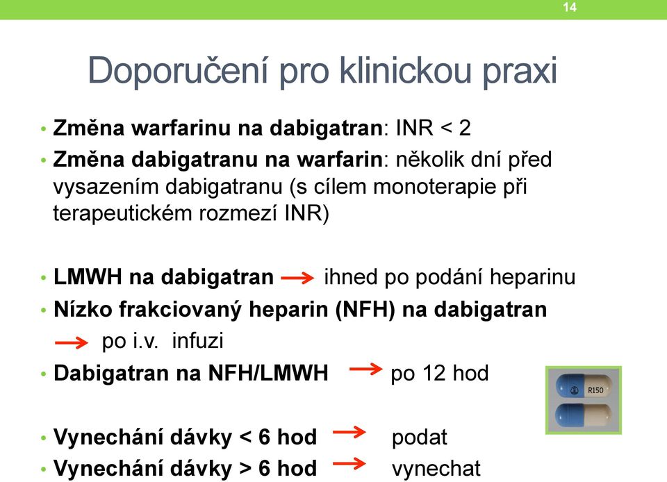 INR) LMWH na dabigatran ihned po podání heparinu Nízko frakciovaný heparin (NFH) na dabigatran po
