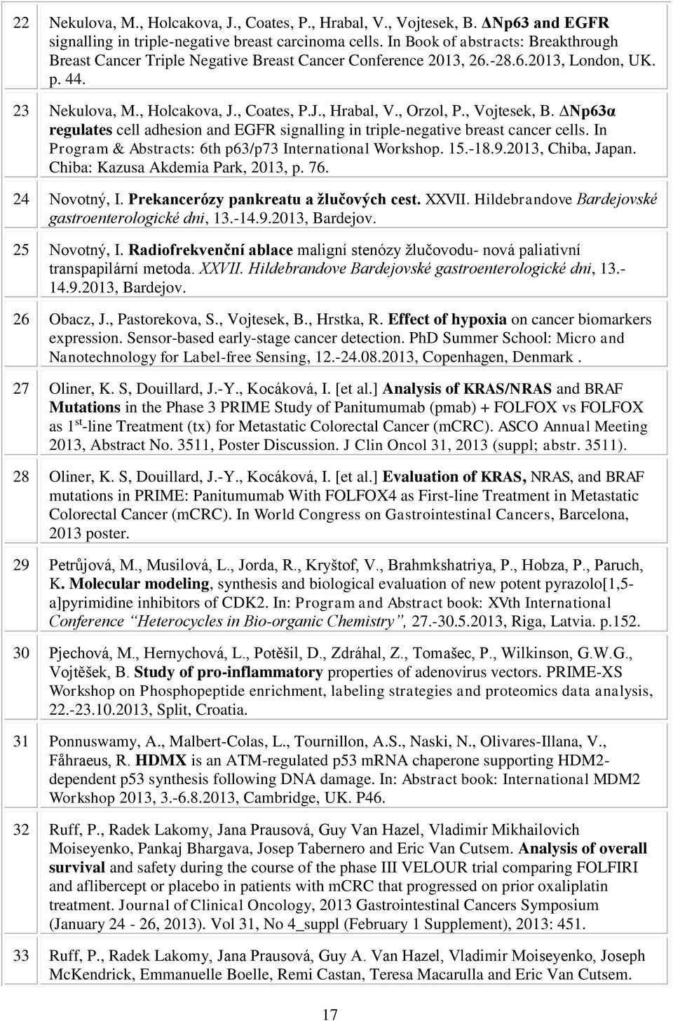 , Vojtesek, B. Np63α regulates cell adhesion and EGFR signalling in triple-negative breast cancer cells. In Program & Abstracts: 6th p63/p73 International Workshop. 15.-18.9.2013, Chiba, Japan.