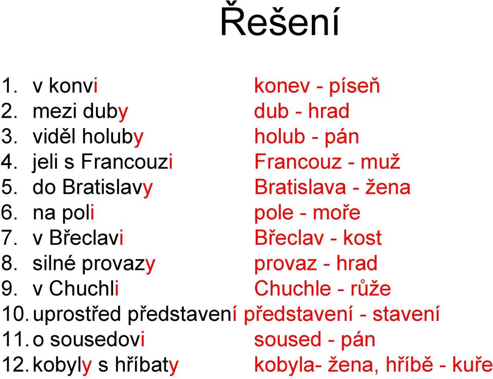 v Břeclavi Břeclav - kost 8. silné provazy provaz - hrad 9. v Chuchli Chuchle - růže 10.