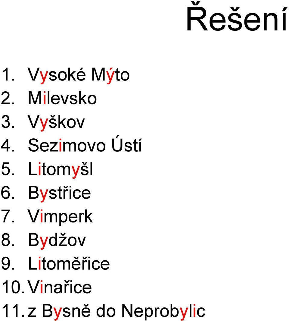 Bystřice 7. Vimperk 8. Bydžov 9.