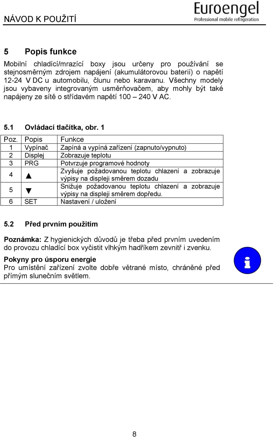 Popis Funkce 1 Vypínač Zapíná a vypíná zařízení (zapnuto/vypnuto) 2 Displej Zobrazuje teplotu 3 PRG Potvrzuje programové hodnoty 4 Zvyšuje požadovanou teplotu chlazení a zobrazuje výpisy na displeji