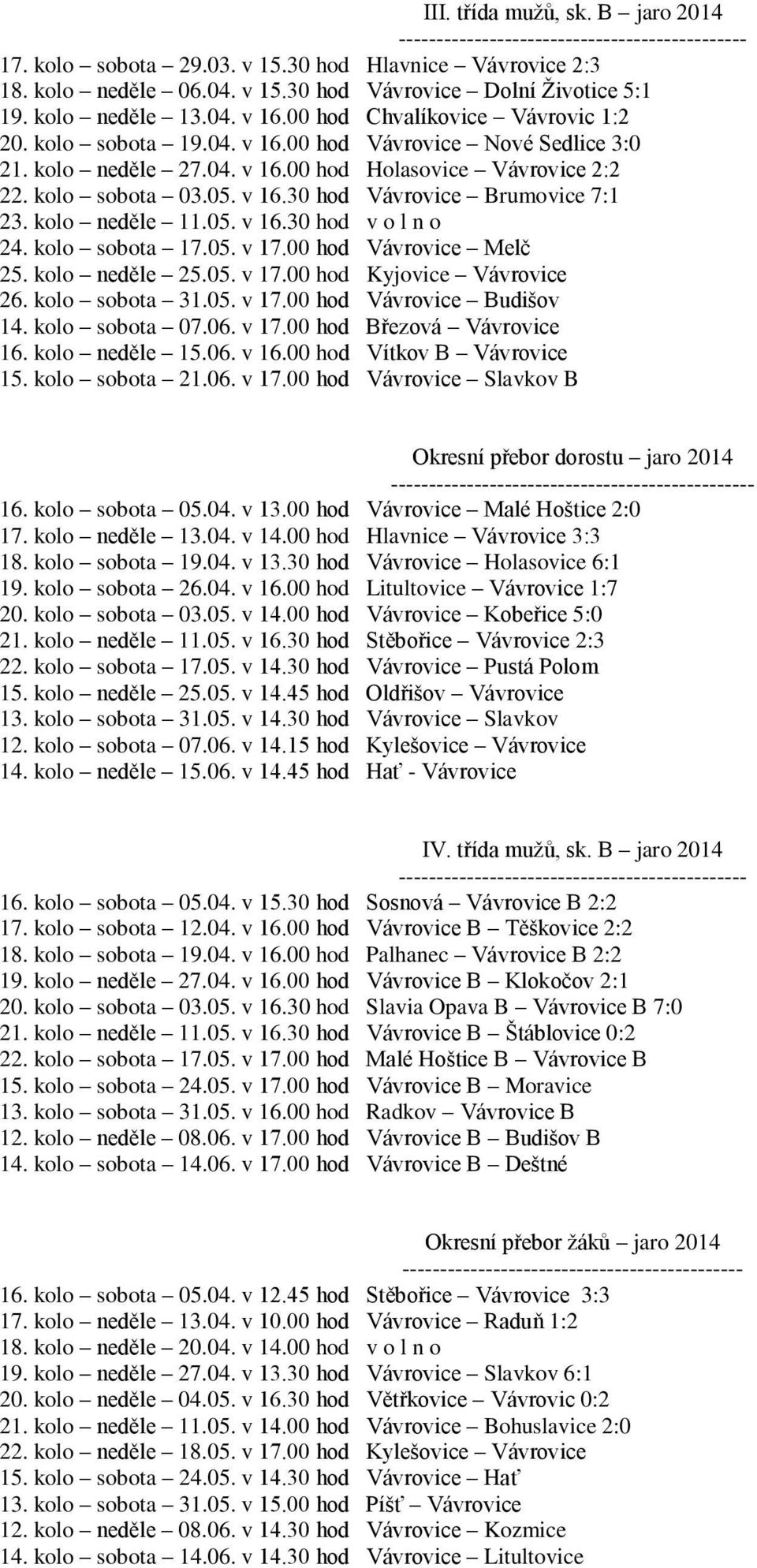 05. v 16.30 hod Vávrovice Brumovice 7:1 23. kolo neděle 11.05. v 16.30 hod v o l n o 24. kolo sobota 17.05. v 17.00 hod Vávrovice Melč 25. kolo neděle 25.05. v 17.00 hod Kyjovice Vávrovice 26.