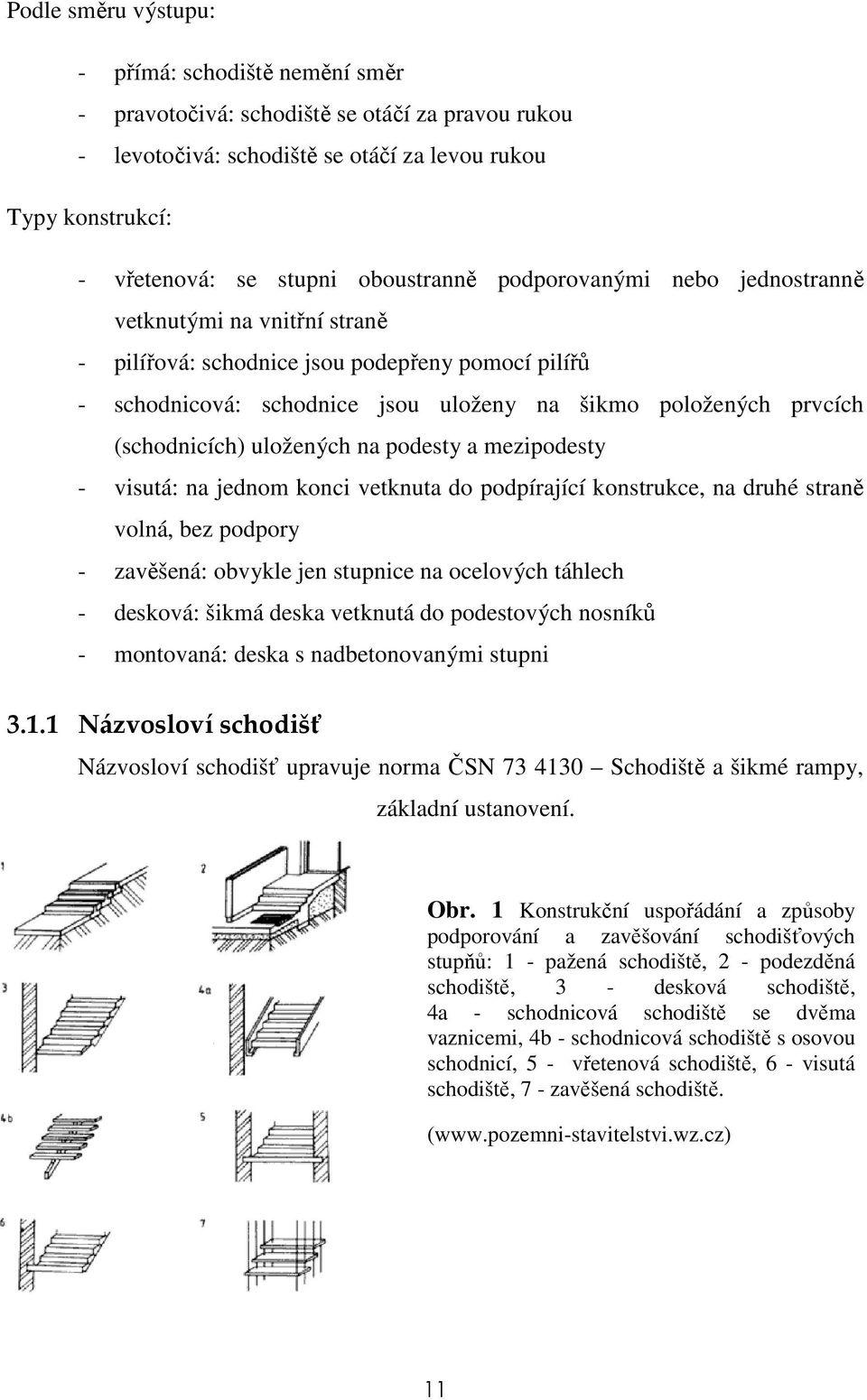(schodnicích) uložených na podesty a mezipodesty - visutá: na jednom konci vetknuta do podpírající konstrukce, na druhé straně volná, bez podpory - zavěšená: obvykle jen stupnice na ocelových táhlech