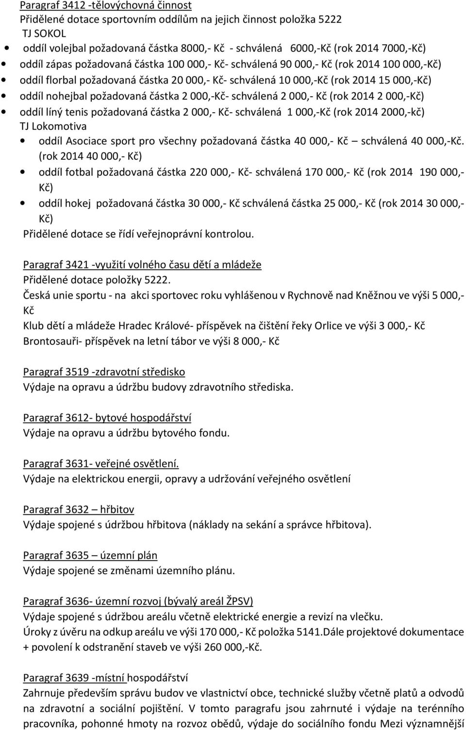 požadovaná částka 2 000,-Kč- schválená 2 000,- Kč (rok 2014 2 000,-Kč) oddíl líný tenis požadovaná částka 2 000,- Kč- schválená 1 000,-Kč (rok 2014 2000,-kč) TJ Lokomotiva oddíl Asociace sport pro