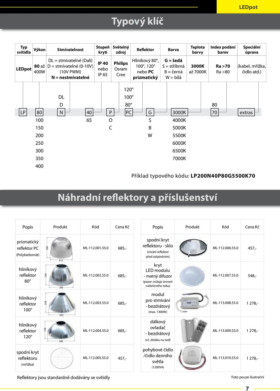 ) DL 100 D 80 LP 80 N 40 P PC G 70 extras 100 O S 4000K 150 C B 5000K 200 W 5500K 250 6000K 300 00K 350 7000K 400 Příklad typového kódu: LP200N40P80G5500K70 Náhradní reflektory a příslušenství Popis