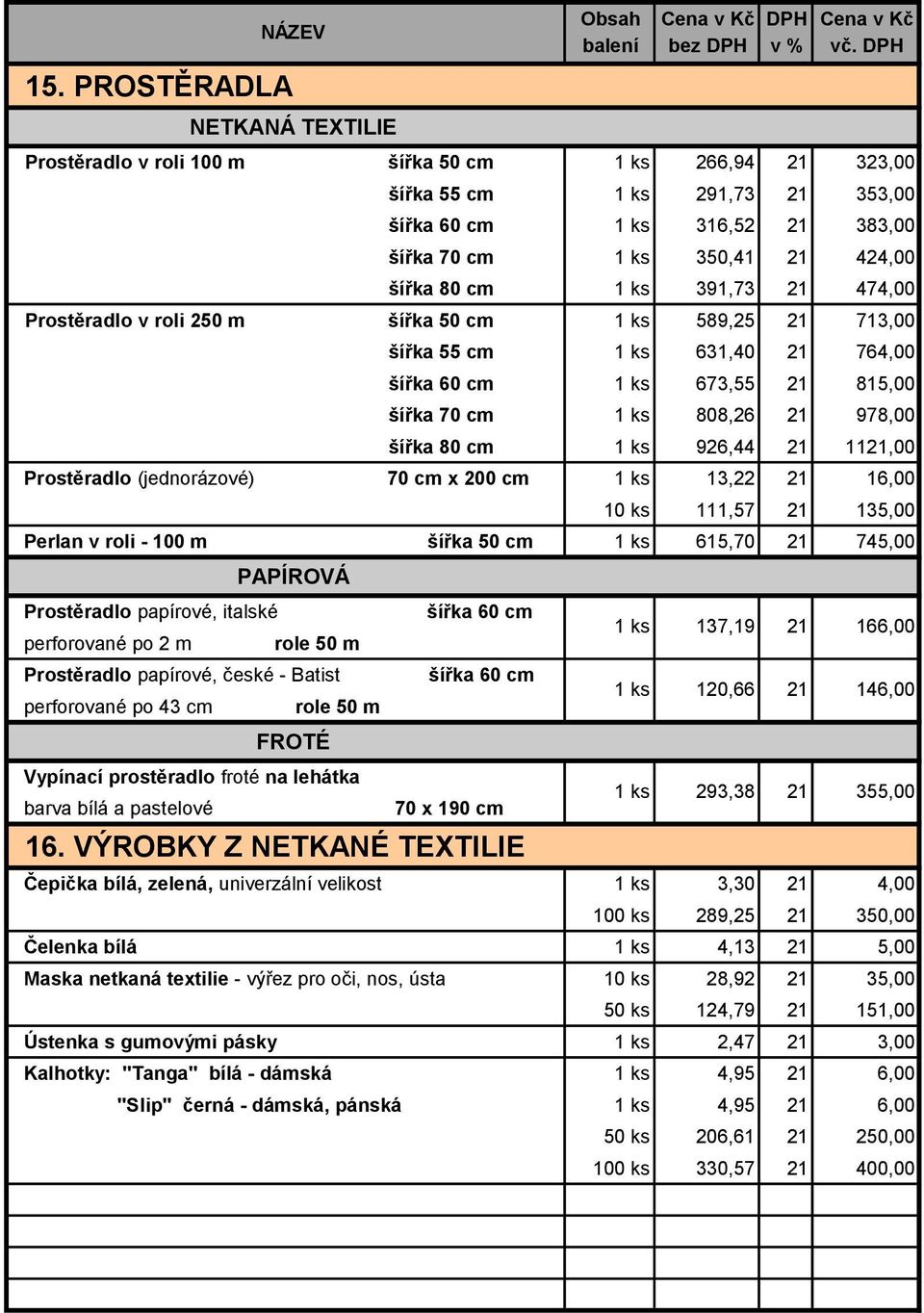 13,22 16,00 10 ks 111,57 135,00 Perlan v roli - 100 m šířka 50 cm 615,70 745,00 PAPÍROVÁ Prostěradlo papírové, italské šířka 60 cm perforované po 2 m role 50 m Prostěradlo papírové, české - Batist