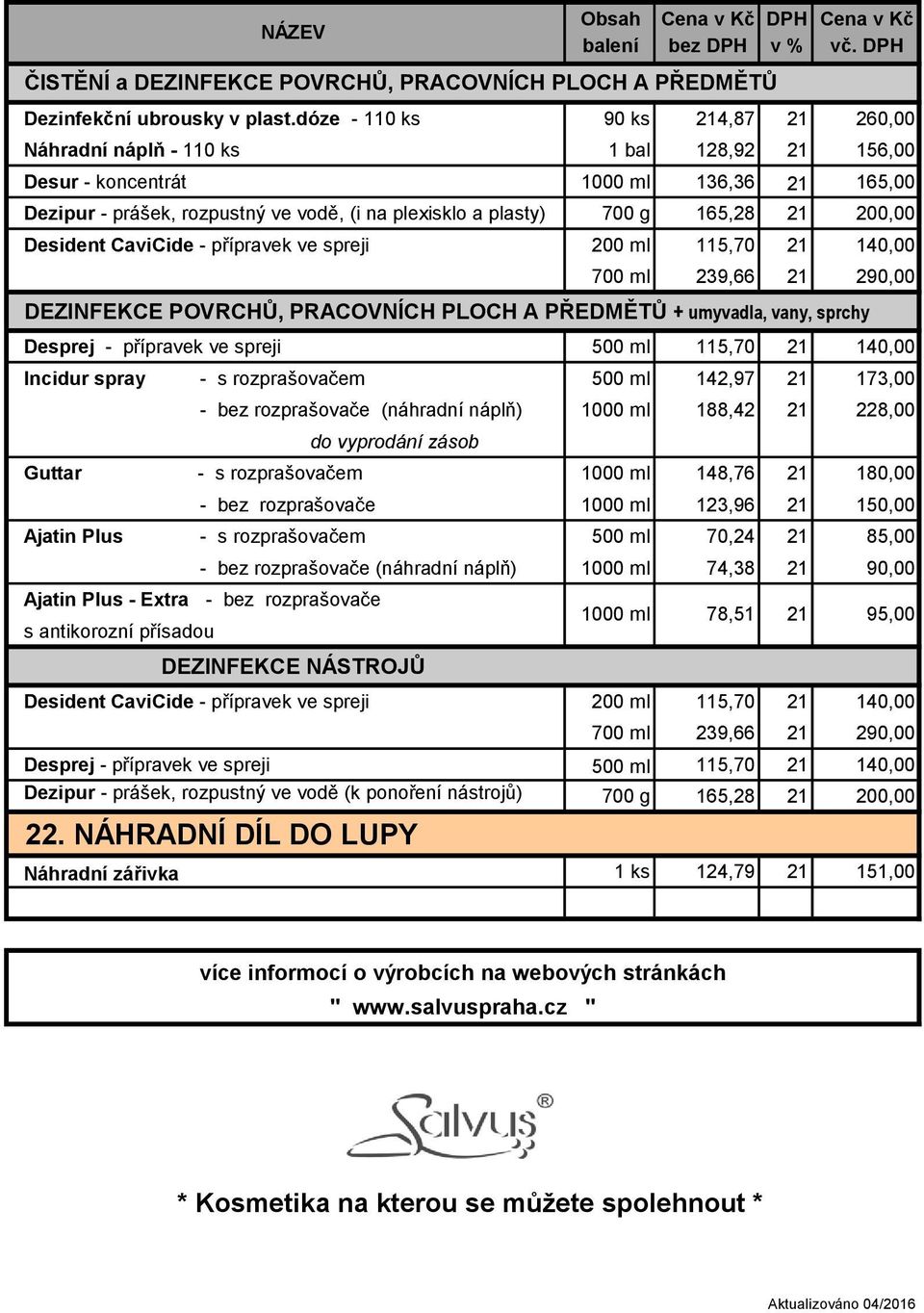 Desident CaviCide - přípravek ve spreji 200 ml 115,70 140,00 700 ml 239,66 290,00 DEZINFEKCE POVRCHŮ, PRACOVNÍCH PLOCH A PŘEDMĚTŮ + umyvadla, vany, sprchy Desprej - přípravek ve spreji 500 ml 115,70