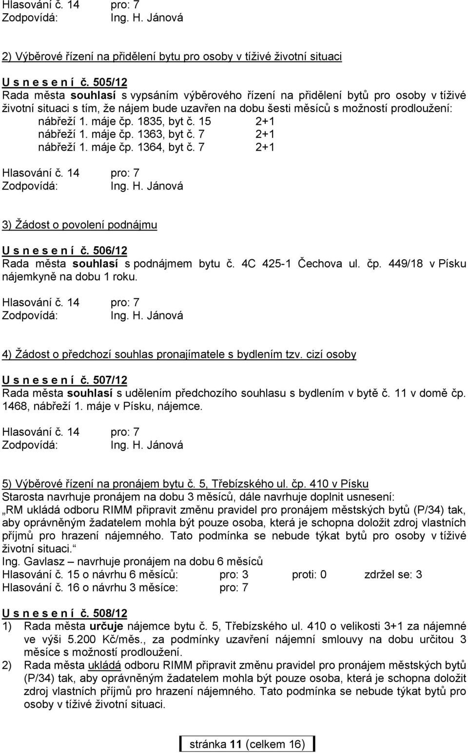 máje čp. 1835, byt č. 15 2+1 nábřeží 1. máje čp. 1363, byt č. 7 2+1 nábřeží 1. máje čp. 1364, byt č. 7 2+1 Hlasování č. 14 pro: 7 3) Žádost o povolení podnájmu U s n e s e n í č.