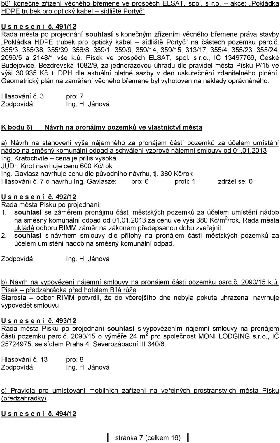 ú. Písek ve prospěch ELSAT, spol. s r.o., IČ 13497766, České Budějovice, Bezdrevská 1082/9, za jednorázovou úhradu dle pravidel města Písku P/15 ve výši 30.