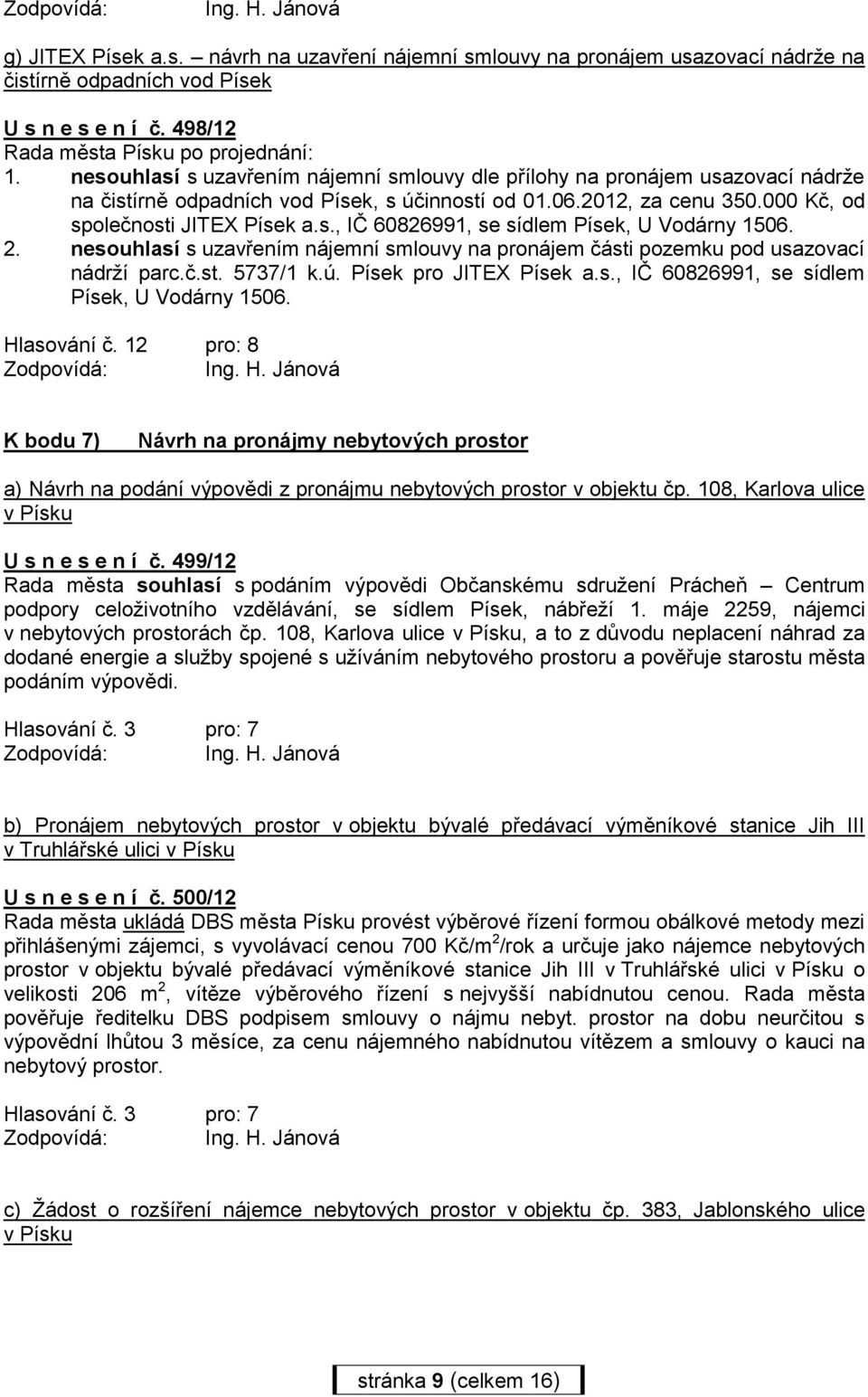 000 Kč, od společnosti JITEX Písek a.s., IČ 60826991, se sídlem Písek, U Vodárny 1506. 2. nesouhlasí s uzavřením nájemní smlouvy na pronájem části pozemku pod usazovací nádrží parc.č.st. 5737/1 k.ú.